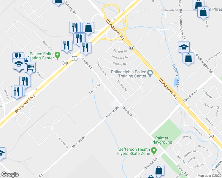 map of restaurants, bars, coffee shops, grocery stores, and more near 2857 Comly Road in Philadelphia