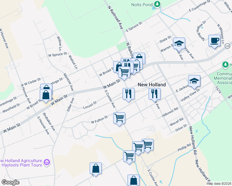 map of restaurants, bars, coffee shops, grocery stores, and more near 129 W Franklin St in New Holland