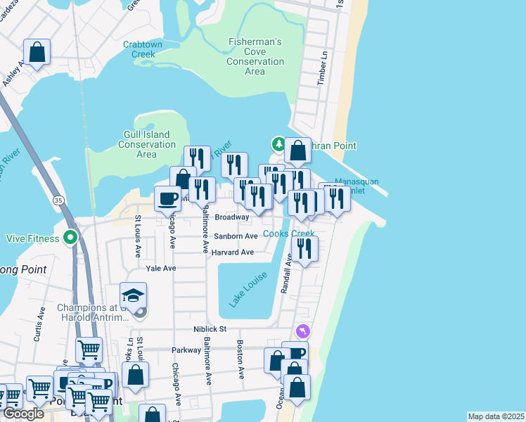 map of restaurants, bars, coffee shops, grocery stores, and more near 53 Broadway in Point Pleasant Beach