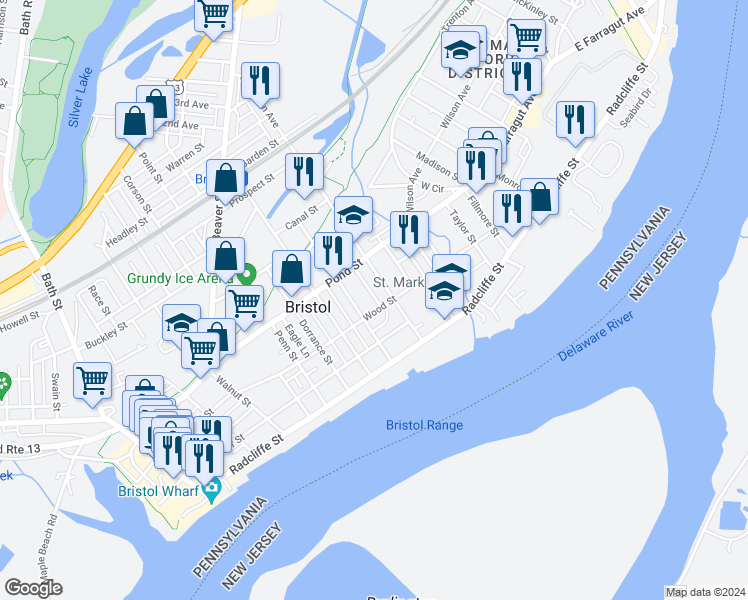 map of restaurants, bars, coffee shops, grocery stores, and more near 302 Jefferson Avenue in Bristol