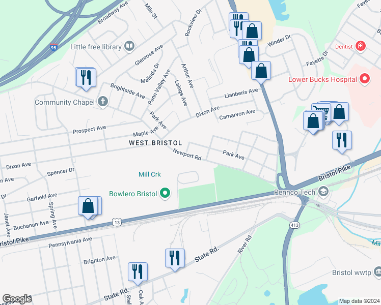 map of restaurants, bars, coffee shops, grocery stores, and more near 619 Park Avenue in Bristol