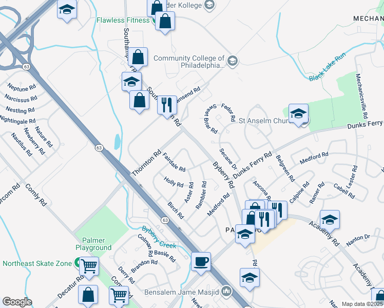 map of restaurants, bars, coffee shops, grocery stores, and more near 3112 Morning Glory Road in Philadelphia