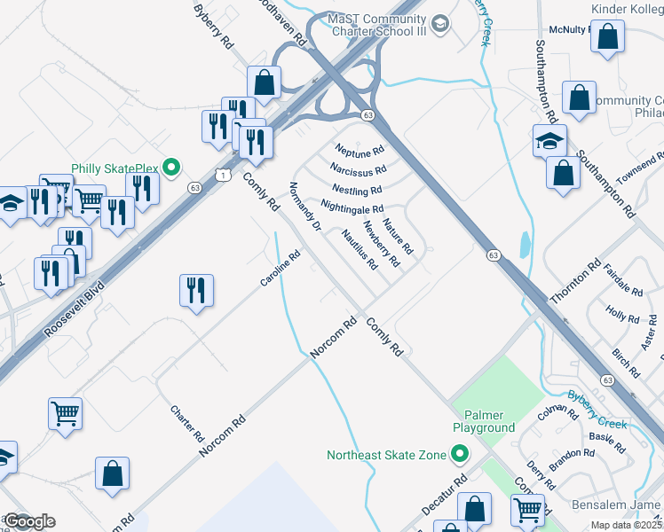 map of restaurants, bars, coffee shops, grocery stores, and more near 2857 Comly Road in Philadelphia