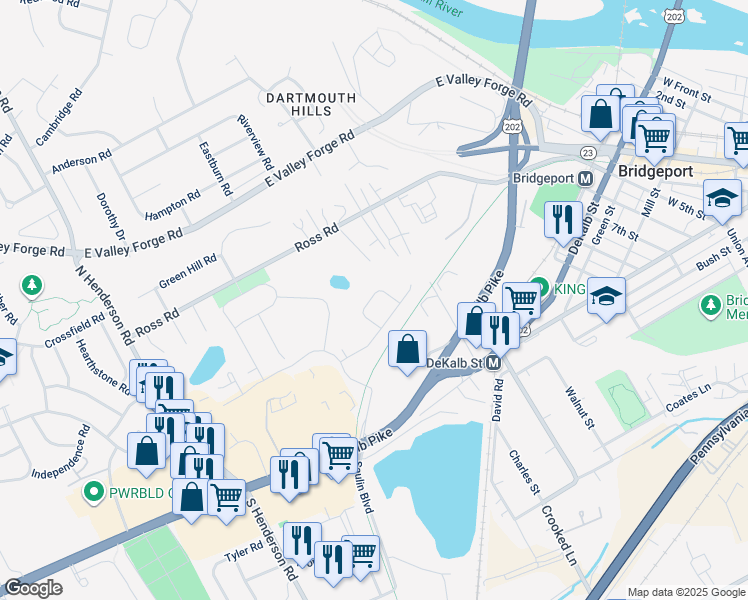 map of restaurants, bars, coffee shops, grocery stores, and more near 241 Boro Line Road in King of Prussia