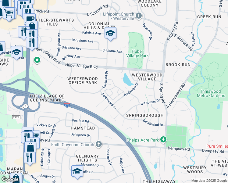 map of restaurants, bars, coffee shops, grocery stores, and more near 283 Cross Wind Loop in Westerville