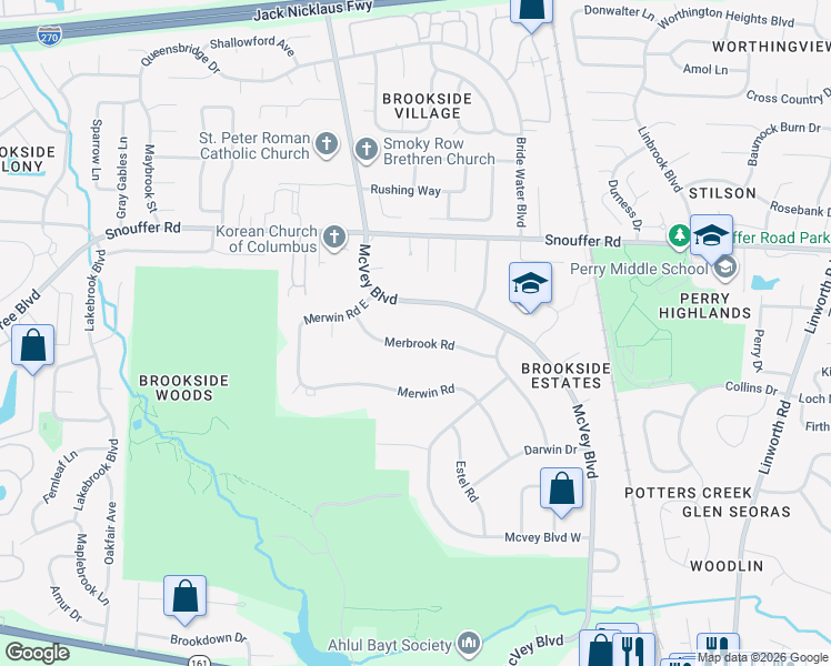 map of restaurants, bars, coffee shops, grocery stores, and more near 2458 Merbrook Road in Columbus