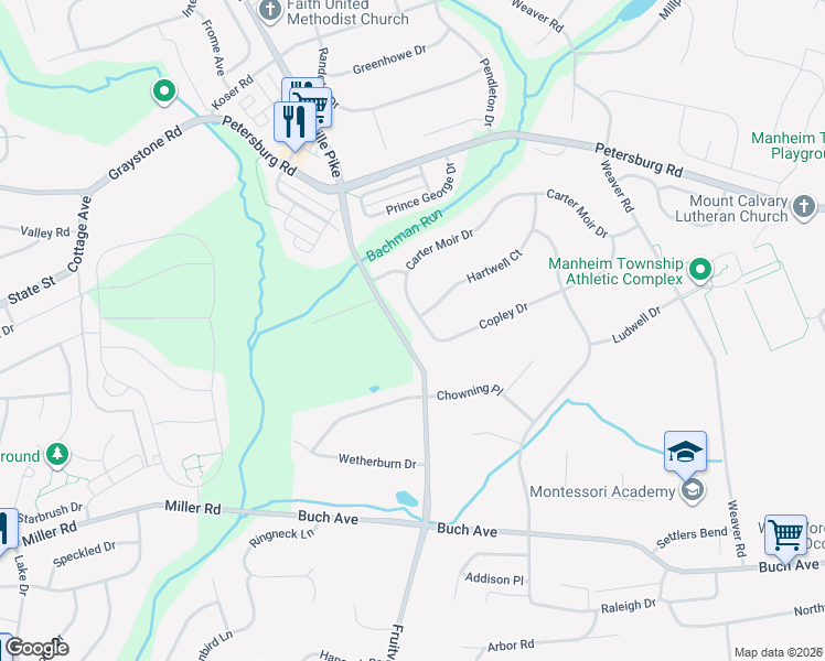 map of restaurants, bars, coffee shops, grocery stores, and more near 396 Copley Dr in Lancaster