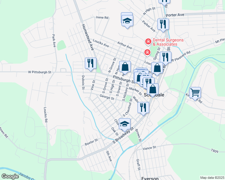 map of restaurants, bars, coffee shops, grocery stores, and more near 520 Walnut Avenue in Scottdale