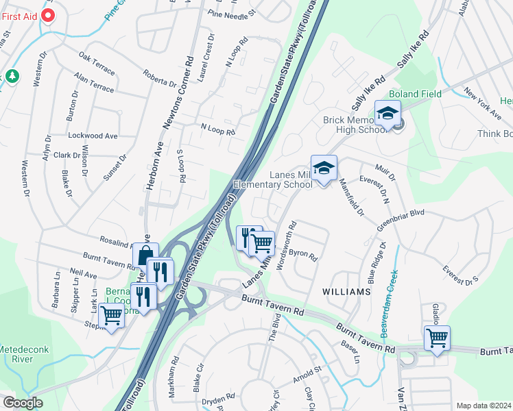 map of restaurants, bars, coffee shops, grocery stores, and more near 129 Primrose Lane in Brick Township
