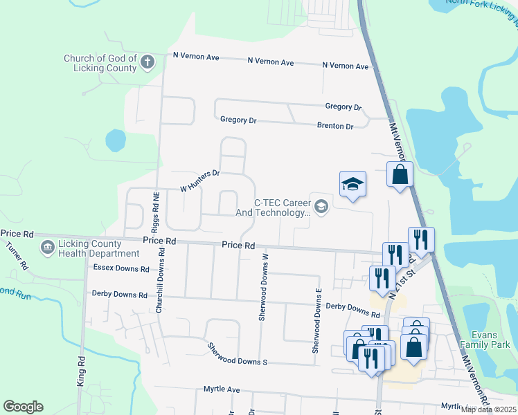 map of restaurants, bars, coffee shops, grocery stores, and more near 1522 South Hunters Drive in Newark