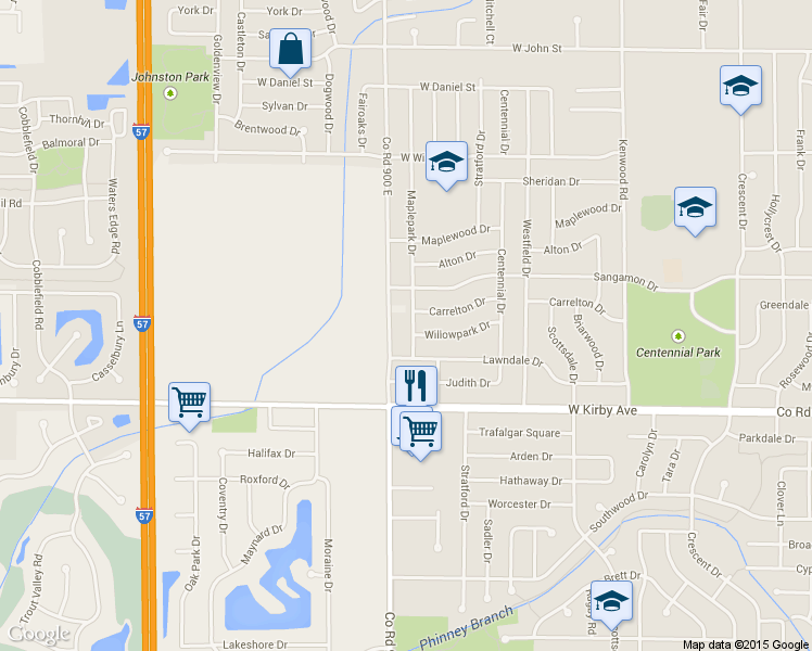 map of restaurants, bars, coffee shops, grocery stores, and more near 1313 Maplepark Dr in Champaign