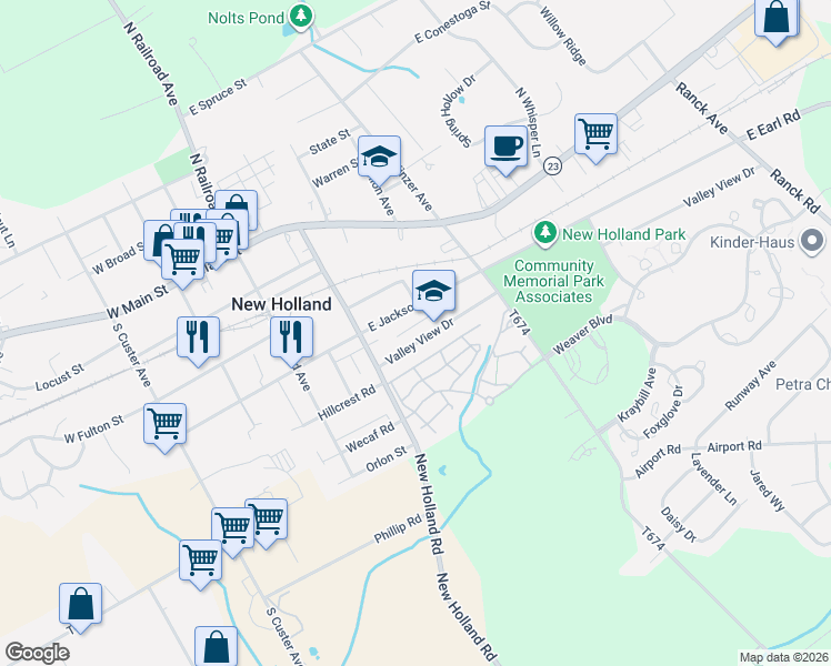 map of restaurants, bars, coffee shops, grocery stores, and more near 331 Valley View Drive in New Holland