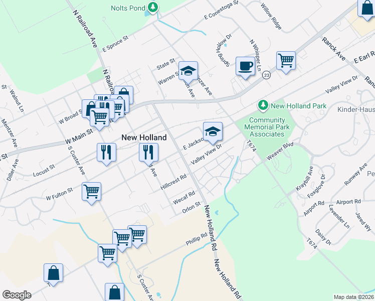 map of restaurants, bars, coffee shops, grocery stores, and more near 312 East Jackson Street in New Holland