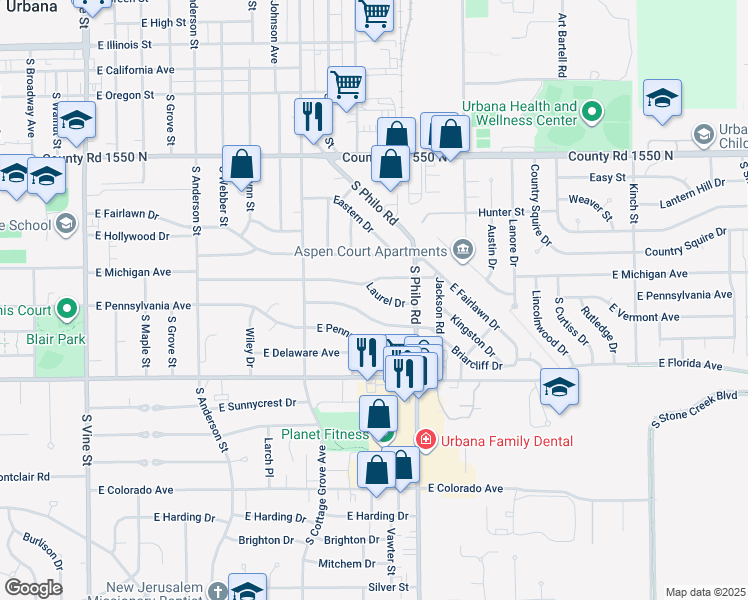 map of restaurants, bars, coffee shops, grocery stores, and more near 1305 Laurel Drive in Urbana