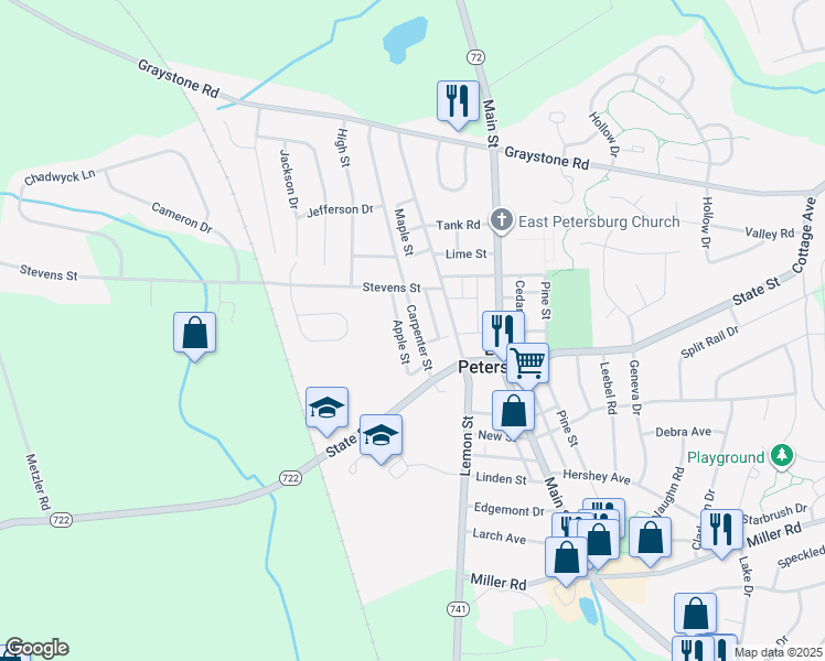 map of restaurants, bars, coffee shops, grocery stores, and more near 6094 Carpenter Street in East Petersburg