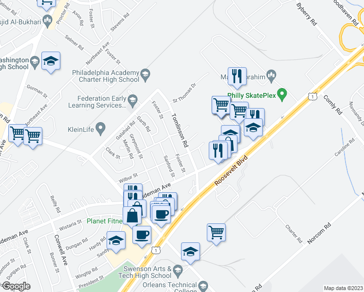map of restaurants, bars, coffee shops, grocery stores, and more near 1914 Tomlinson Road in Philadelphia
