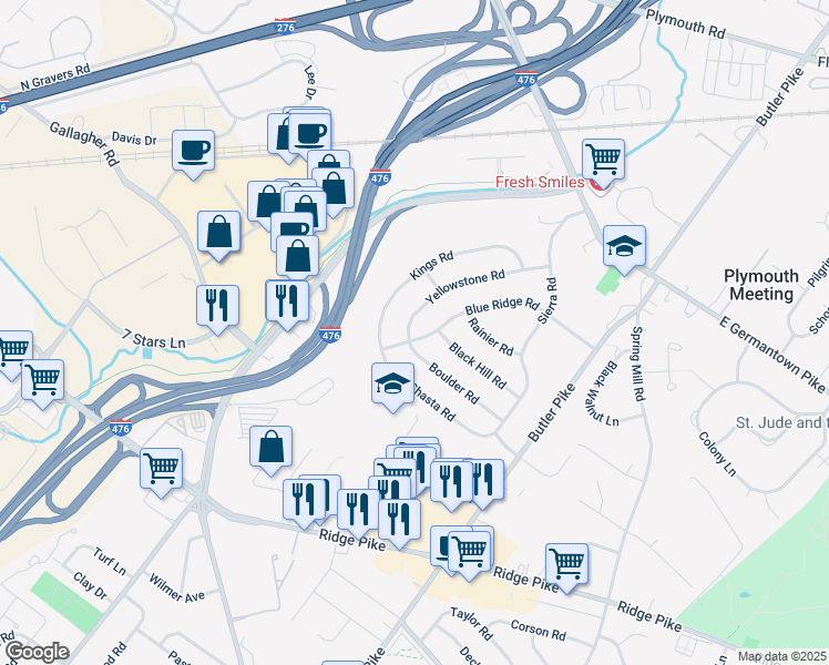 map of restaurants, bars, coffee shops, grocery stores, and more near 214 Blue Ridge Road in Plymouth Meeting