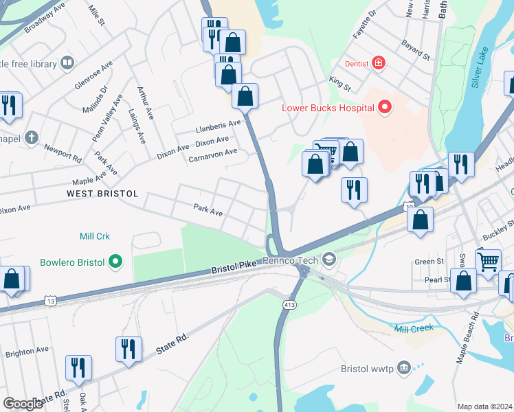 map of restaurants, bars, coffee shops, grocery stores, and more near 226 Western Avenue in Bristol