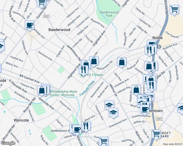 map of restaurants, bars, coffee shops, grocery stores, and more near 1912 Jenkintown Road in Jenkintown