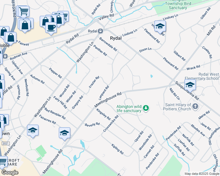 map of restaurants, bars, coffee shops, grocery stores, and more near 959 Leopard Road in Rydal