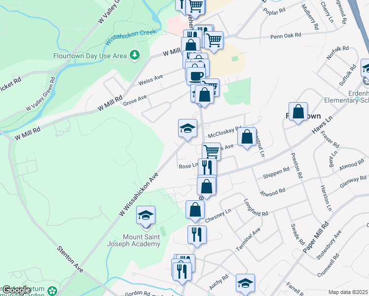 map of restaurants, bars, coffee shops, grocery stores, and more near 20 West Wissahickon Avenue in Flourtown
