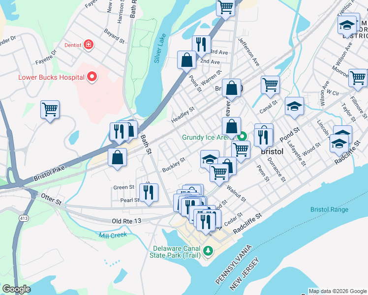 map of restaurants, bars, coffee shops, grocery stores, and more near 613 Spruce Street in Bristol