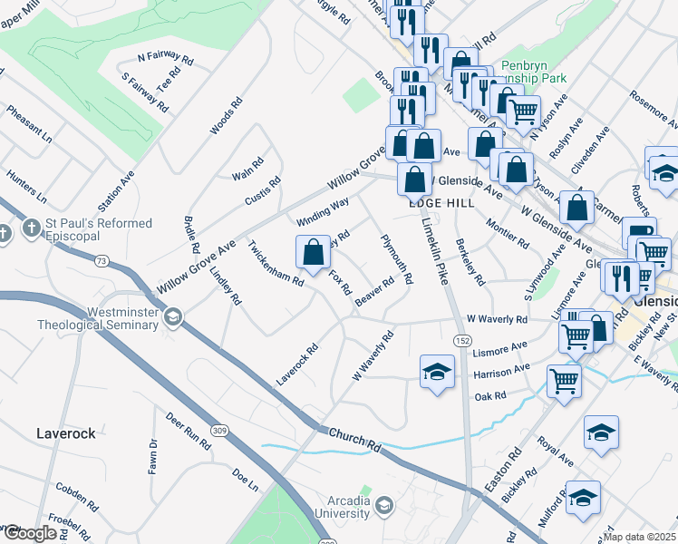 map of restaurants, bars, coffee shops, grocery stores, and more near 521 Fox Road in Glenside
