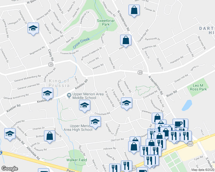 map of restaurants, bars, coffee shops, grocery stores, and more near 332 East Signal Hill Road in King of Prussia