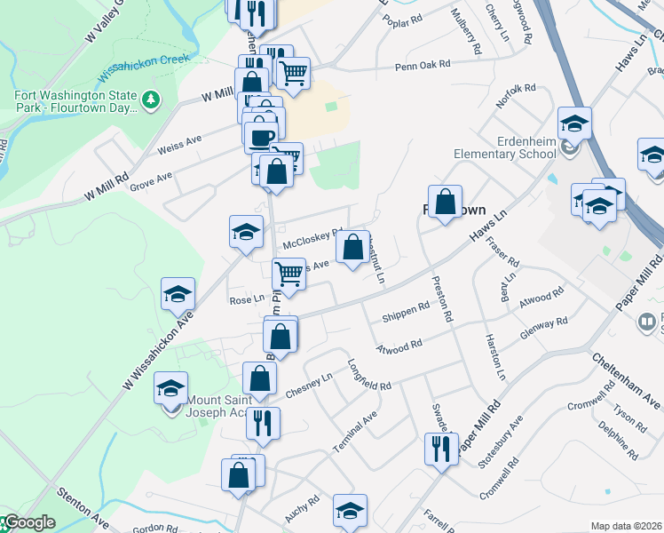 map of restaurants, bars, coffee shops, grocery stores, and more near 28 Jones Avenue in Flourtown