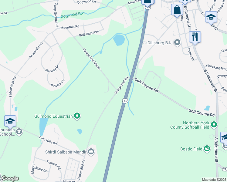 map of restaurants, bars, coffee shops, grocery stores, and more near 98 Range End Manor in Dillsburg