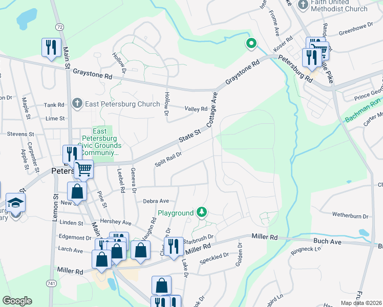 map of restaurants, bars, coffee shops, grocery stores, and more near 2514 Split Rail Dr in East Petersburg