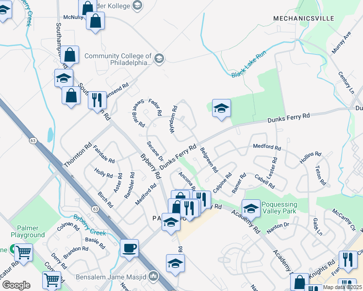 map of restaurants, bars, coffee shops, grocery stores, and more near 12403 Rambler Road in Philadelphia