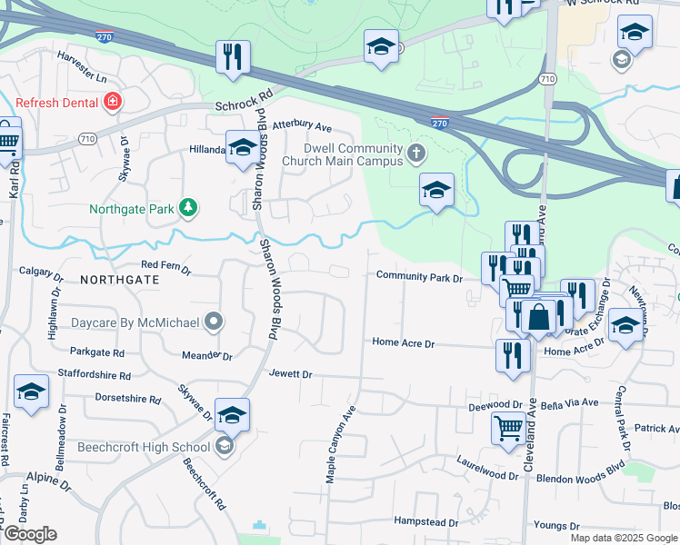 map of restaurants, bars, coffee shops, grocery stores, and more near 2130 Willowick Drive in Columbus