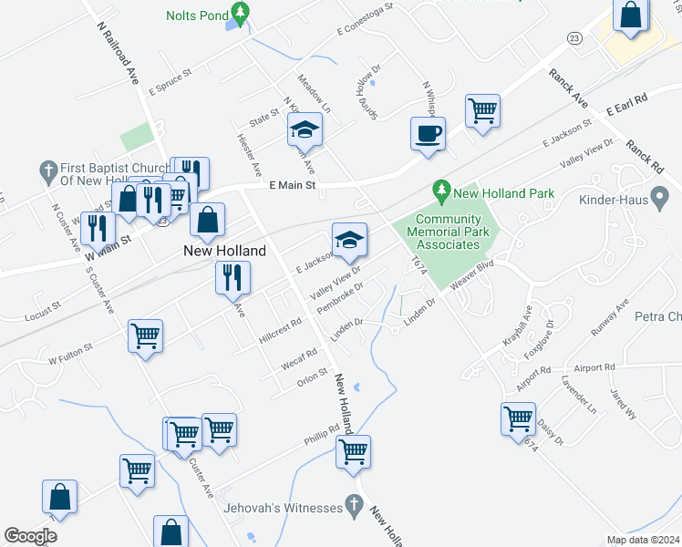 map of restaurants, bars, coffee shops, grocery stores, and more near 337 Valley View Drive in New Holland