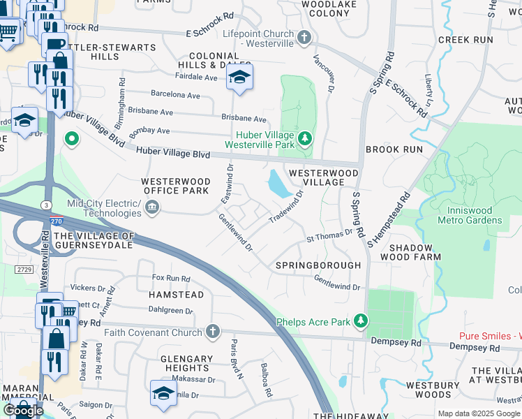 map of restaurants, bars, coffee shops, grocery stores, and more near 283 Cross Wind Loop in Westerville