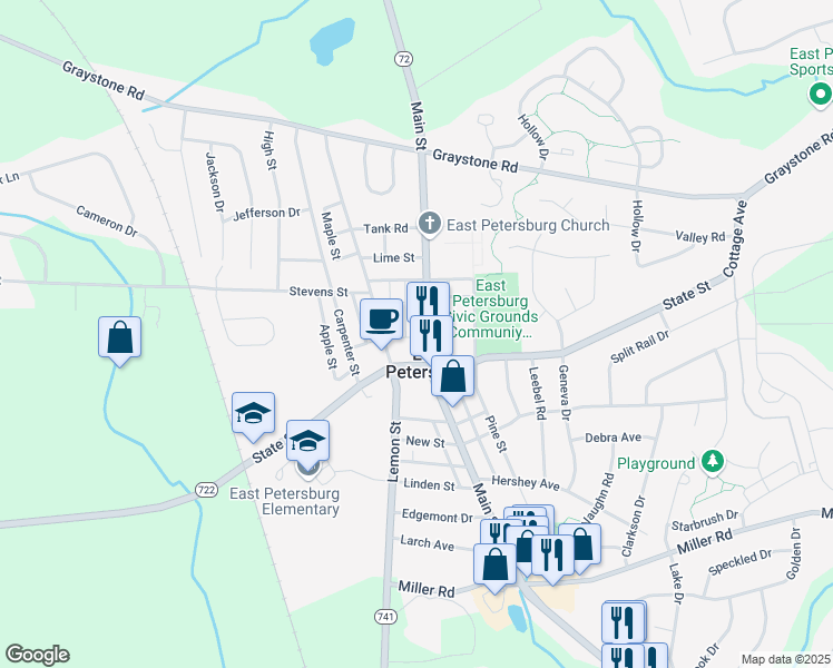 map of restaurants, bars, coffee shops, grocery stores, and more near 6060 Main Street in East Petersburg
