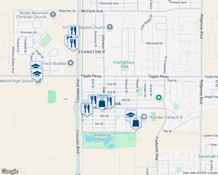 map of restaurants, bars, coffee shops, grocery stores, and more near 405 2nd Street in Frederick