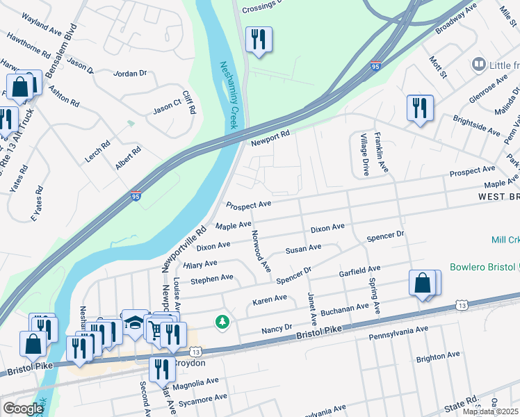 map of restaurants, bars, coffee shops, grocery stores, and more near 1310 Prospect Avenue in Croydon