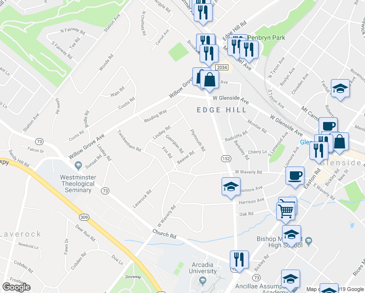 map of restaurants, bars, coffee shops, grocery stores, and more near 509 Georgian Road in Glenside