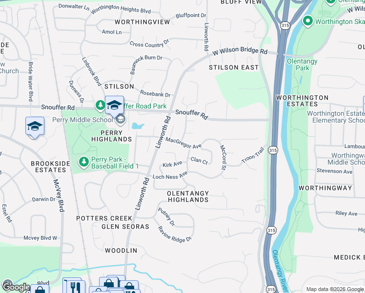 map of restaurants, bars, coffee shops, grocery stores, and more near 1029 MacGregor Avenue in Worthington