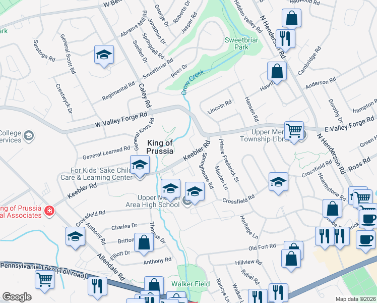 map of restaurants, bars, coffee shops, grocery stores, and more near 435 Keebler Road in King of Prussia