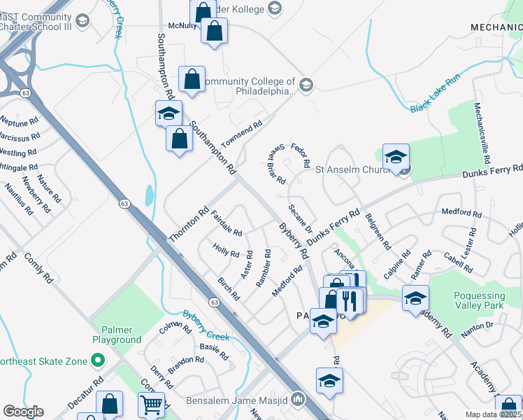 map of restaurants, bars, coffee shops, grocery stores, and more near 3016 Byberry Road in Philadelphia