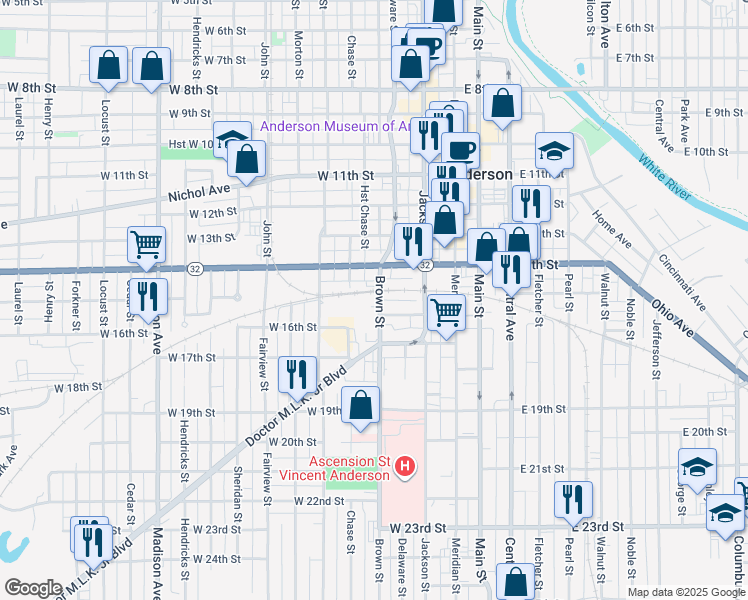 map of restaurants, bars, coffee shops, grocery stores, and more near 1505 Brown Street in Anderson