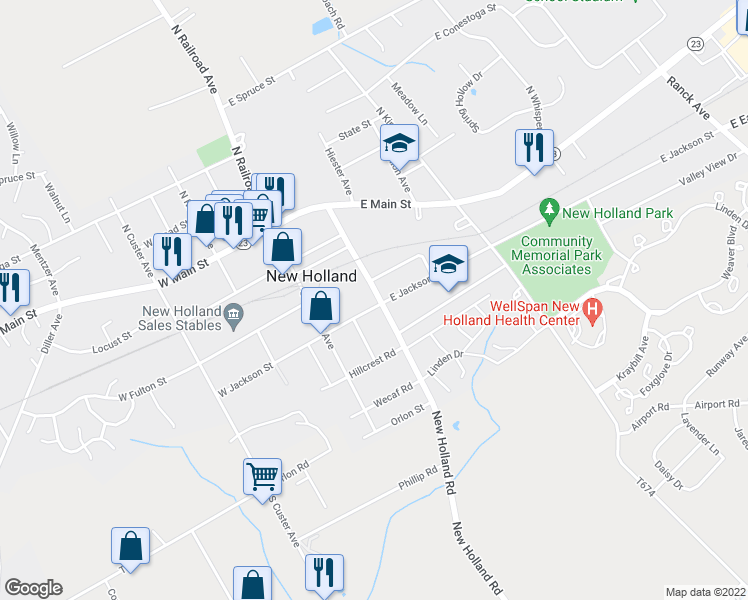map of restaurants, bars, coffee shops, grocery stores, and more near 238 Brimmer Avenue in New Holland