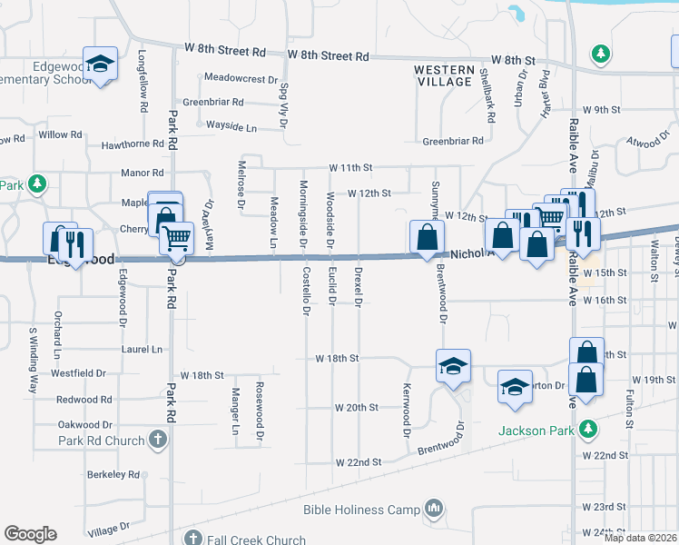 map of restaurants, bars, coffee shops, grocery stores, and more near 1418 Euclid Drive in Anderson