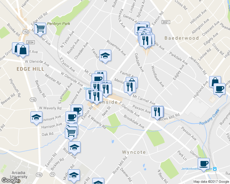 map of restaurants, bars, coffee shops, grocery stores, and more near 2250 Mount Carmel Avenue in Glenside