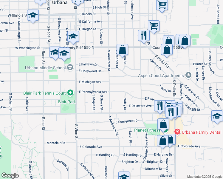map of restaurants, bars, coffee shops, grocery stores, and more near 702 East Pennsylvania Avenue in Urbana