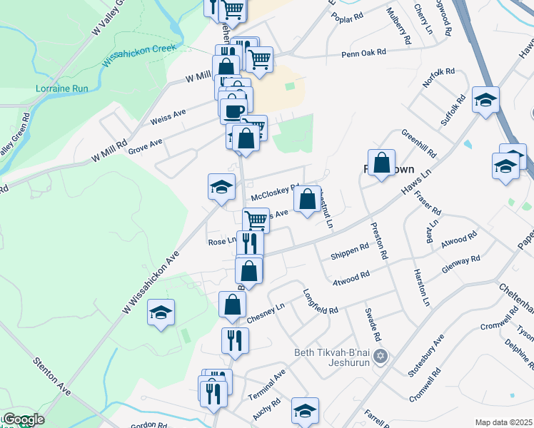 map of restaurants, bars, coffee shops, grocery stores, and more near 9 Jones Avenue in Flourtown