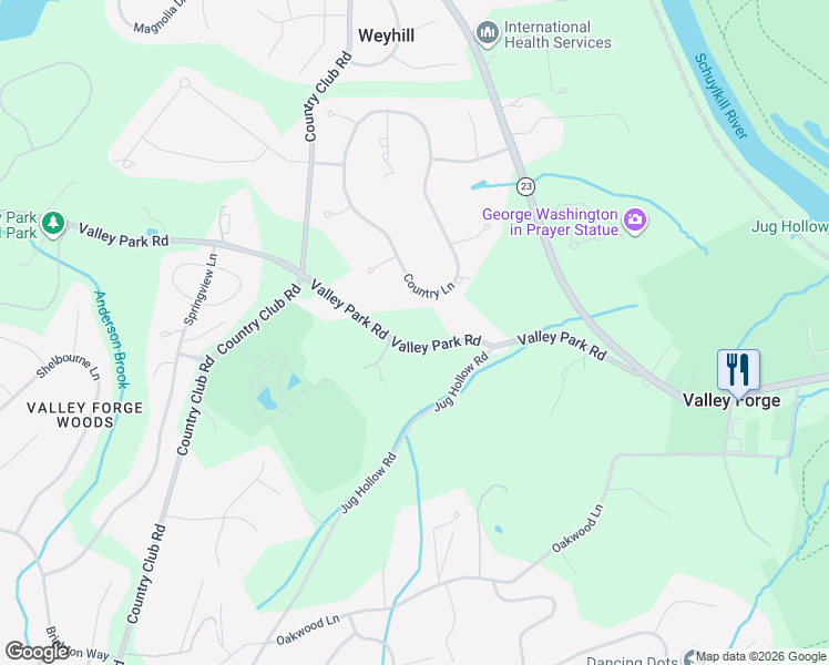 map of restaurants, bars, coffee shops, grocery stores, and more near 535 Valley Park Road in Phoenixville