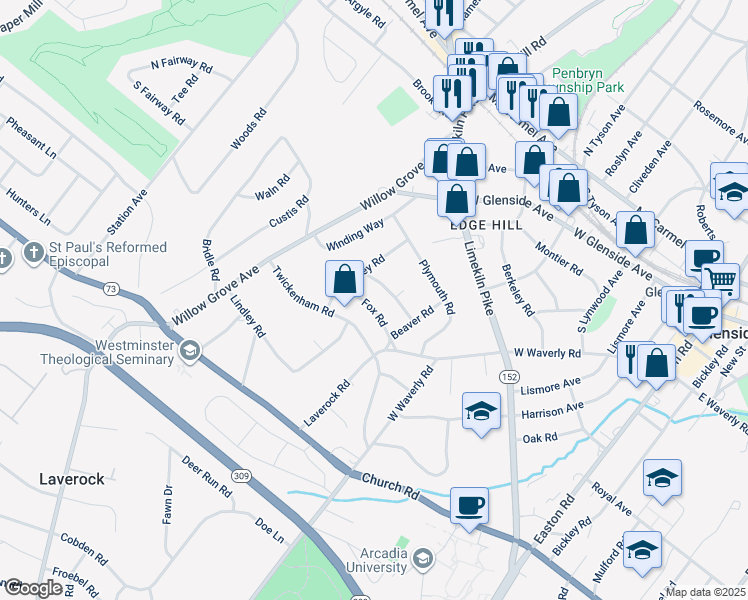 map of restaurants, bars, coffee shops, grocery stores, and more near 521 Fox Road in Glenside